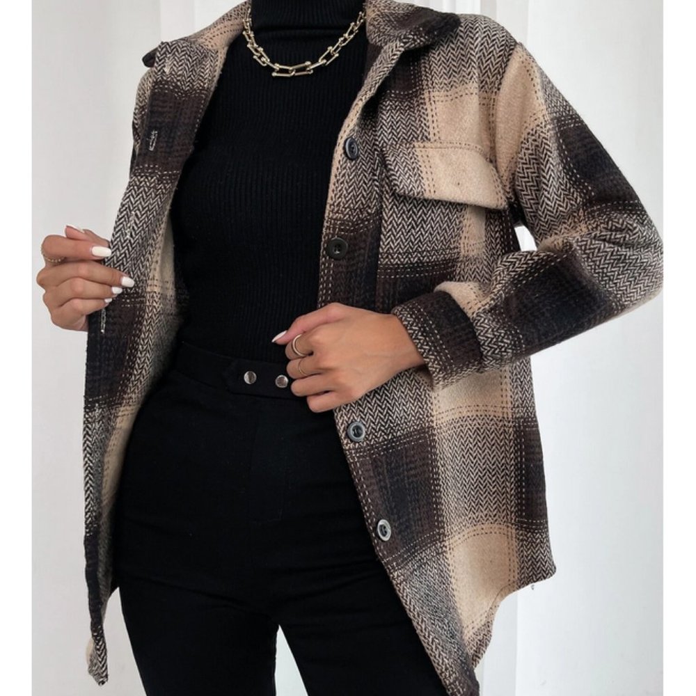 plaid print button up overcoat fall winter casual trending - Picture 3 of 6